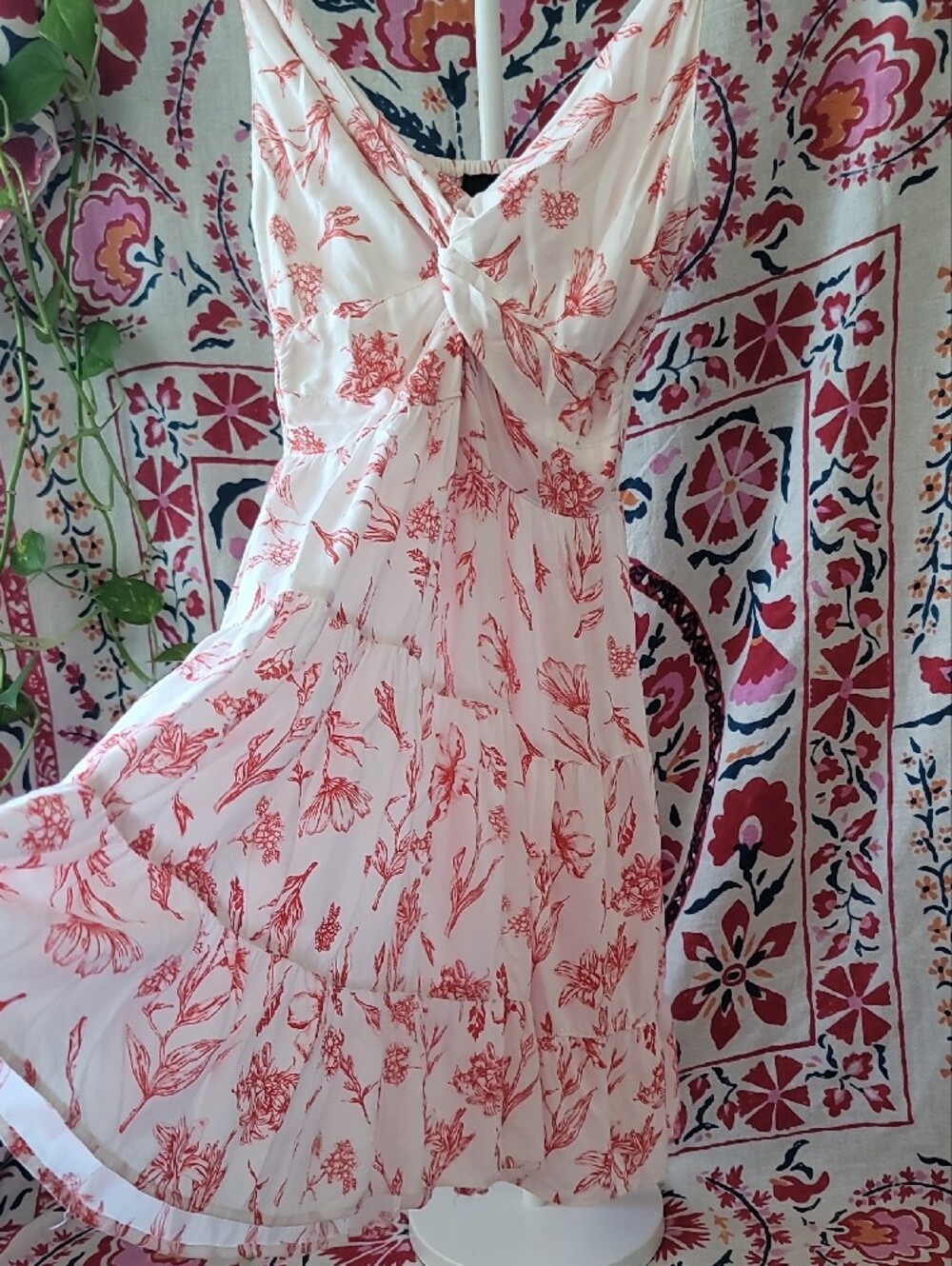 Angie Boho Twist Front White Slip Dress with Red Floral Print